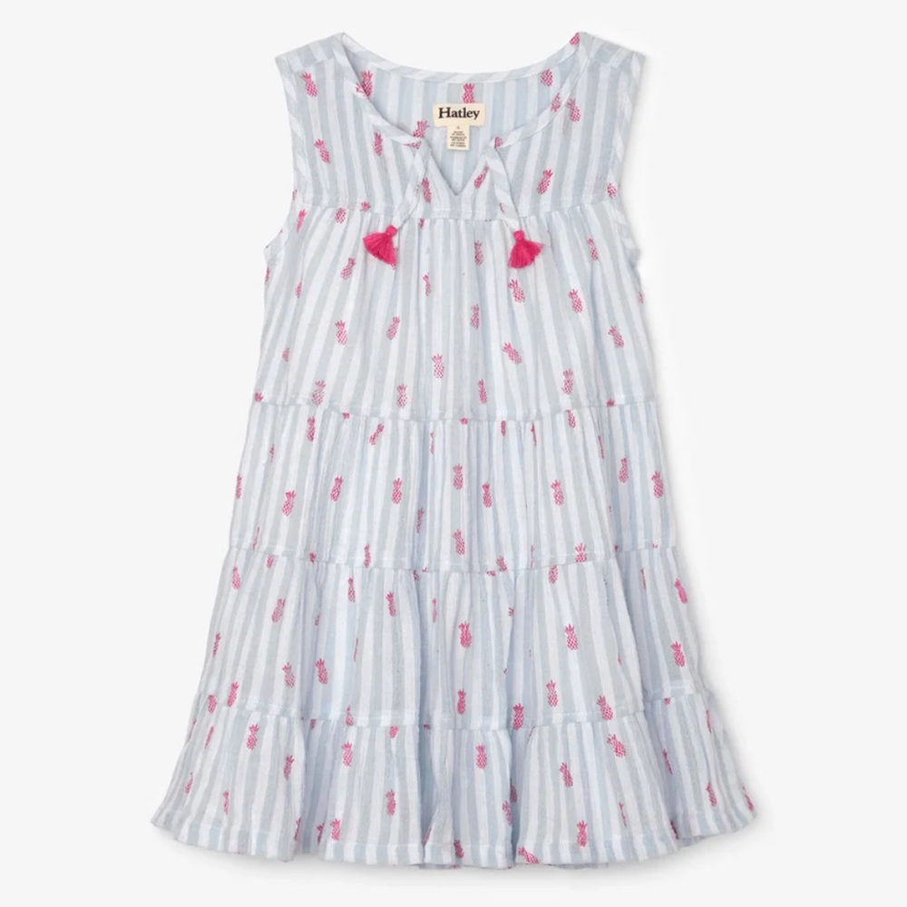 Hatley Girls Chambray Stripe & Pink Pineapple Tassel Tiered Dress, 4